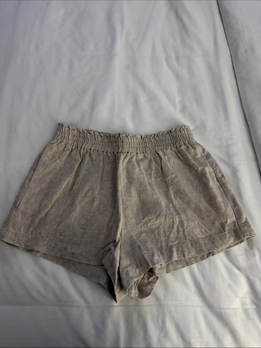 Reformation Taupe Elastic-Waist Linen Shorts